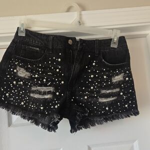 Vocal Black Distressed Pearl-Embellished Denim Shorts